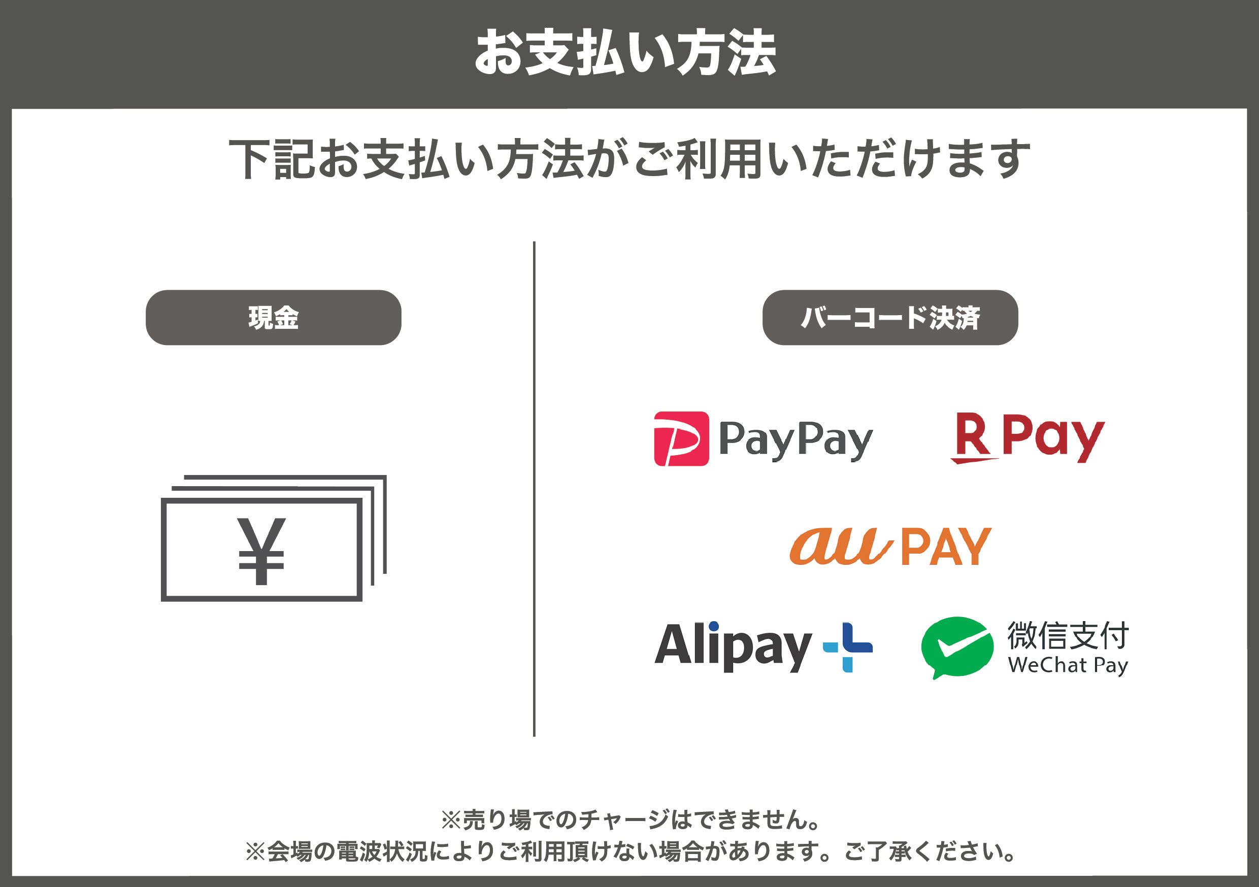 お支払い方法：下記お支払い方法がご利用いただけます。現金、バーコード決済（PayPay、RPay、auPAY、Alipay、WeChat Pay　※売り場でのチャージはできません。※会場の電波状況によりご利用頂けない場合があります。ご了承ください。